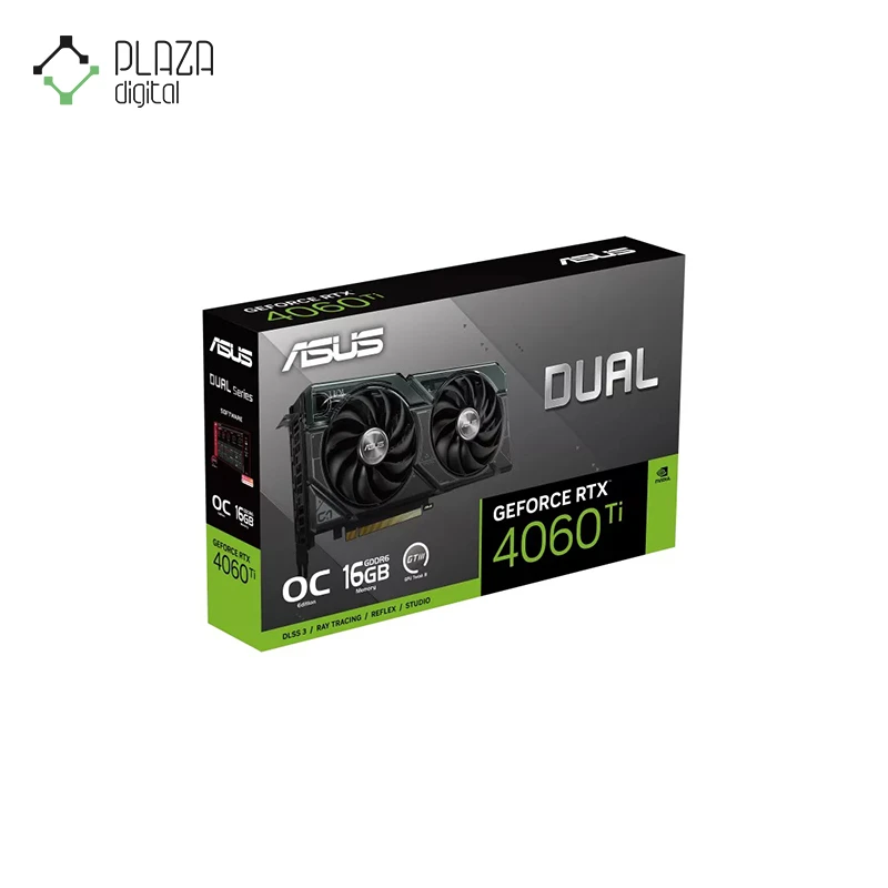 نمای جعبه کارت گرافیک dual geforce rtx 4060 ti oc edition 16gb gddr6 ایسوس