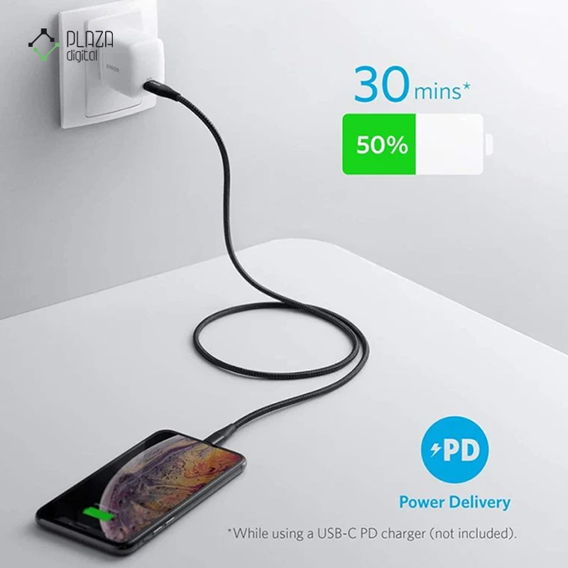 کابل تبدیل USB-C به لایتنینگ انکر PowerLine+ II مدل A8652 طول 90 سانتی متر مشکی پلازا دیجیتال