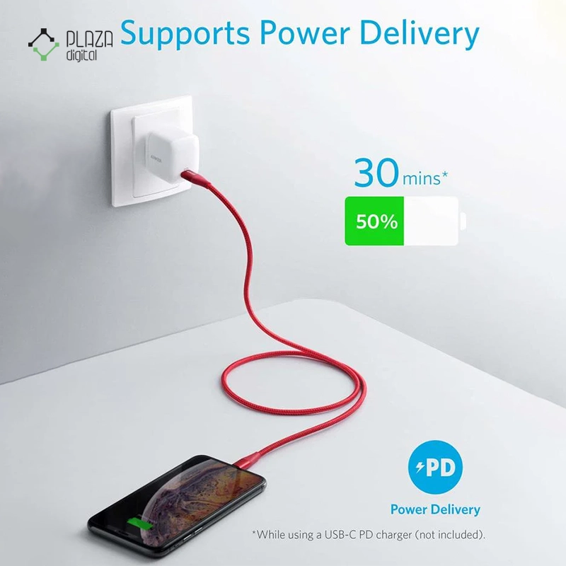 کابل تبدیل USB-C به لایتنینگ انکر PowerLine+ II مدل A8652 طول 90 سانتی متر قرمز پلازا دیجیتال