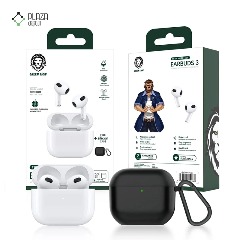 نمای جعبه هندزفری بلوتوثی گرین لاین مدل True Wireless Buds 3 پلازا دیجیتال