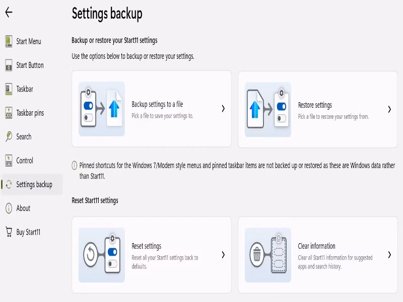 11 creating a backup of the start11 settings